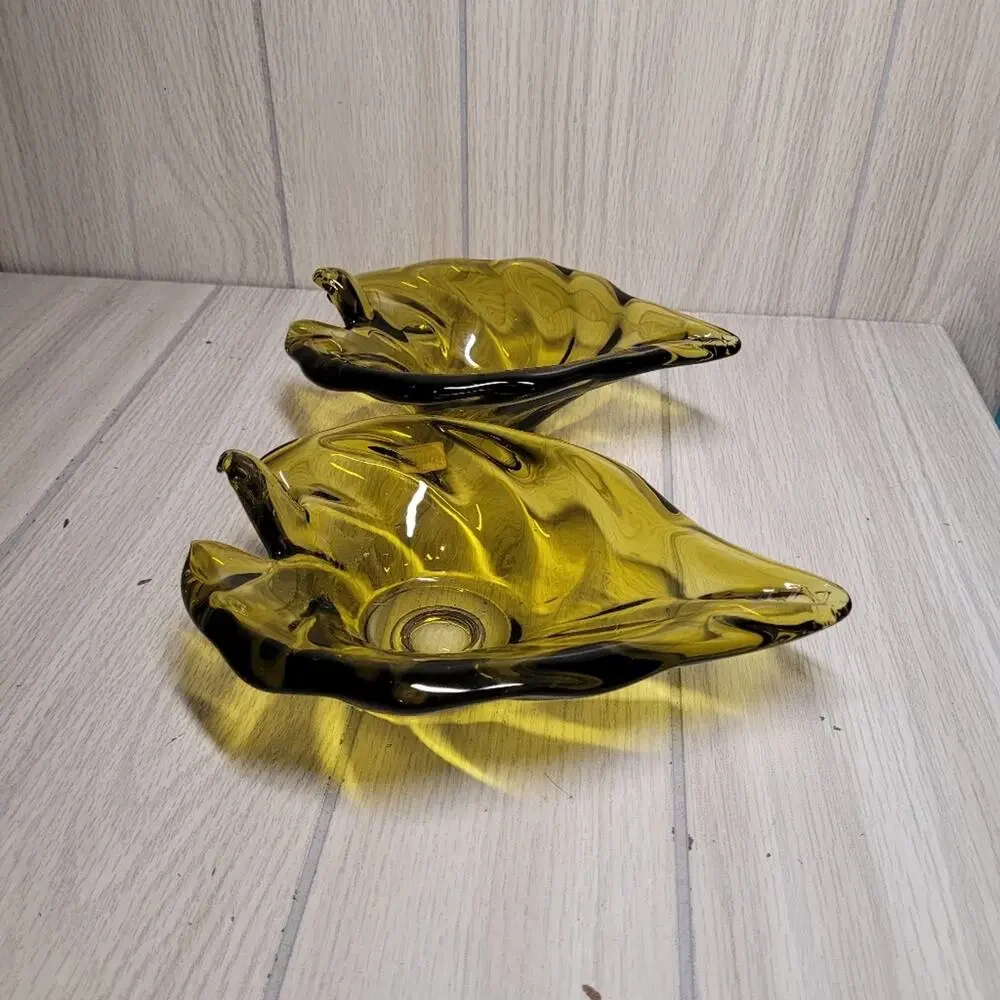 Vintage Noleans Italy Avacado Green Glass Leaf Candy Dish Candle Holder Set READ
